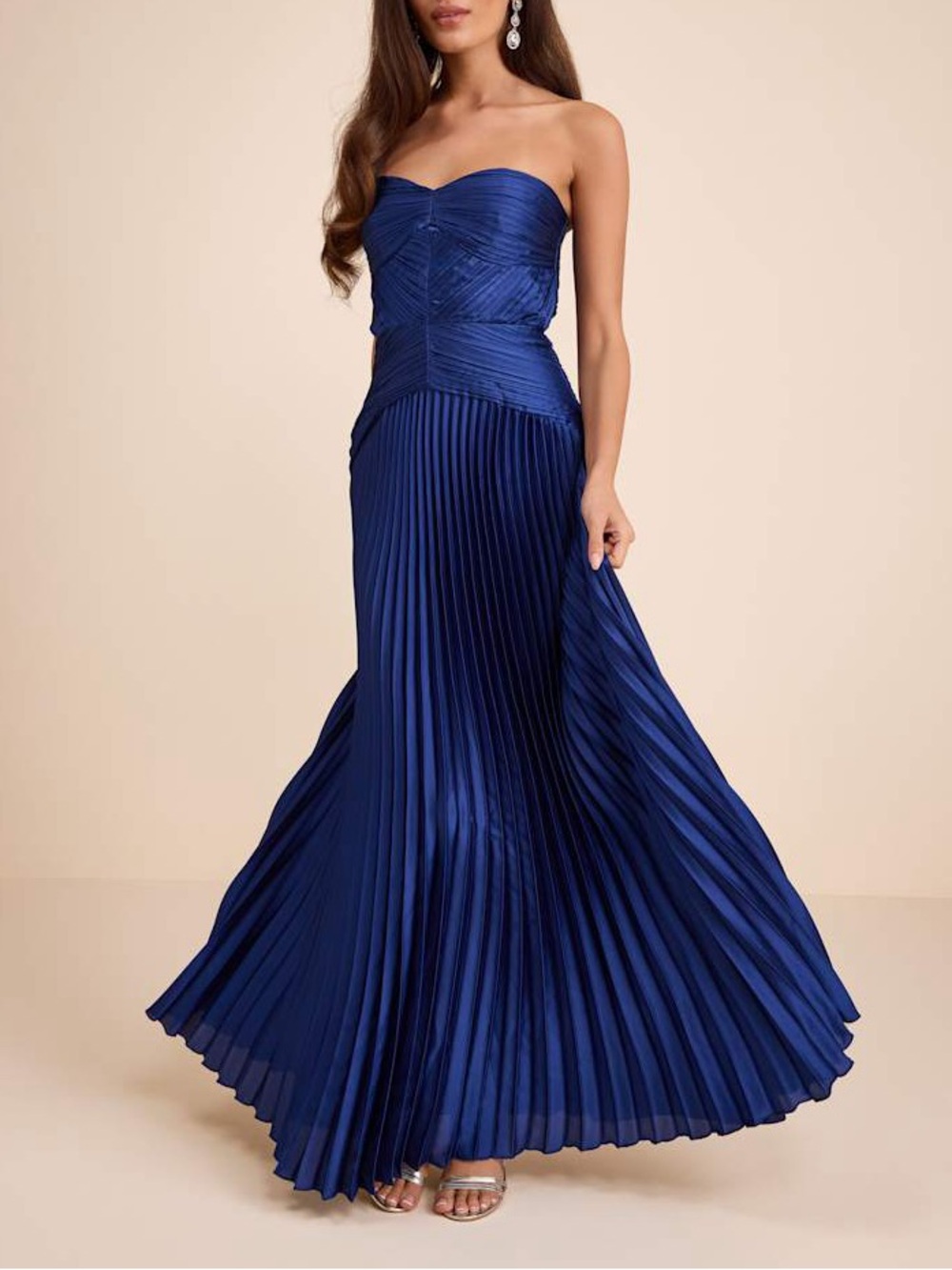 Lulus Elkay Navy Blue Pleated Satin Drop Waist Maxi Dress Size M NWT